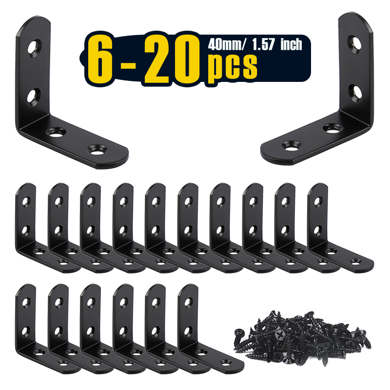 Woodworking X Brace - 6-20 ชิ้น L วงเล็บสแตนเลสมุมรั้ง, สีดํา, 1.57x1.57